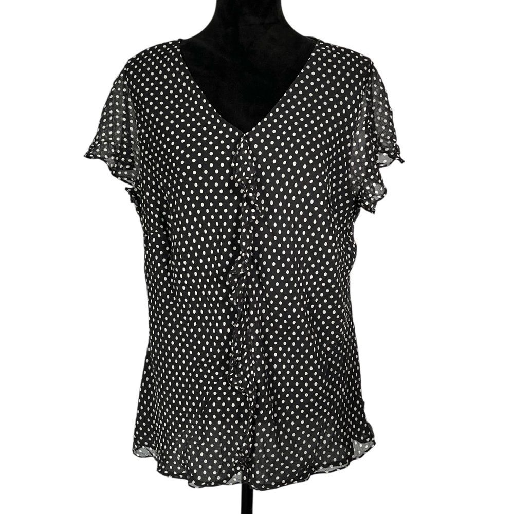 Kate Hill Black White Silk Blouse Polka Dot Ruffle Chiffon Top Short Sleeve 16W